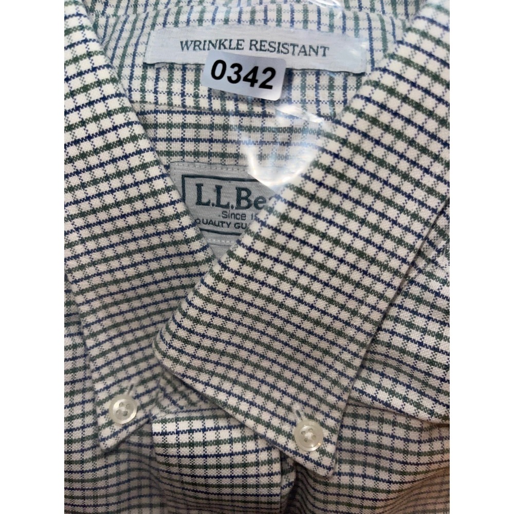 LL Bean Mens 16.5-32 Green White Tattersall Check Wrinkle Resistant Shirt Oxford - Picture 9 of 9